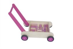 Afbeeldingen van Leren loopwagen- roze Blokkenduwwagen hout 40x 30 cm Van Dijk Toys