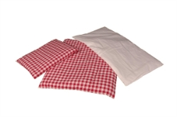 Afbeeldingen van Poppen- bedbekleding-beddegoed rood-wit geblokt Matras, dekbed en kussen 60x 20 cm Van Dijk Toys