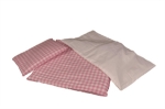 Afbeeldingen van Poppen- bedbekleding-beddegoed roze-wit geblokt Matras, dekbed en kussen 60x 20 cm Van Dijk Toys