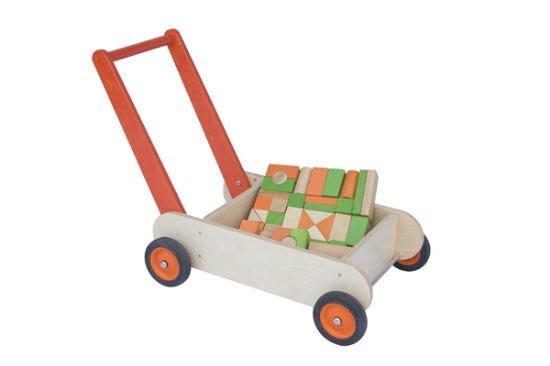 Afbeeldingen van Leren loopwagen- oranje Blokkenduwwagen hout 40x 30 cm VanDijk Toys