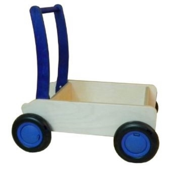 Afbeeldingen van Luxe loopwagen- blauwe Blokkenduwwagen Hout rechte rand  Van Dijk Toys