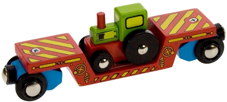 Image de Wagon, dieplader met tractor houten treinbaan Bigjigs