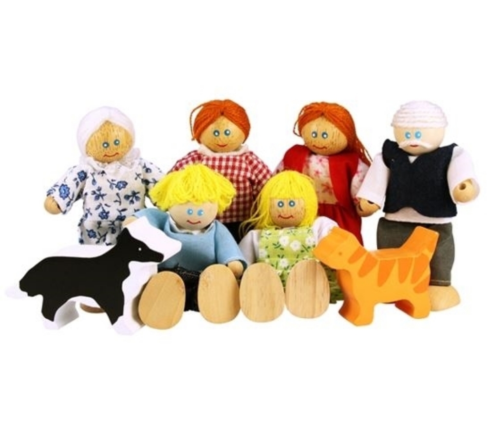 Bild von Poppenhuispoppetjes Familie 6 stuks + hond en kat Bigjigs