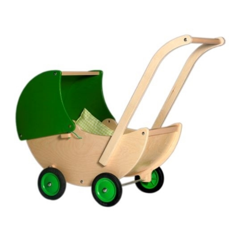 Picture of Poppenwagen naturel- en groene beweegbare kap Hout Van Dijk Toys