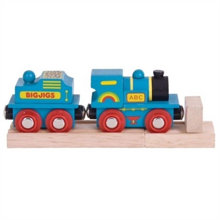 Bild von Blauwe locomotief ABC met tender houten treinbaan Bigjigs