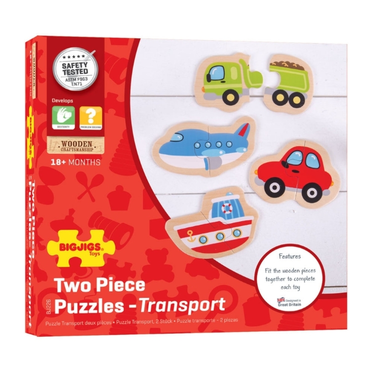 Afbeeldingen van Bigjigs Houten Puzzels Voertuigen – 4 puzzels van 2 stukken – 18m+