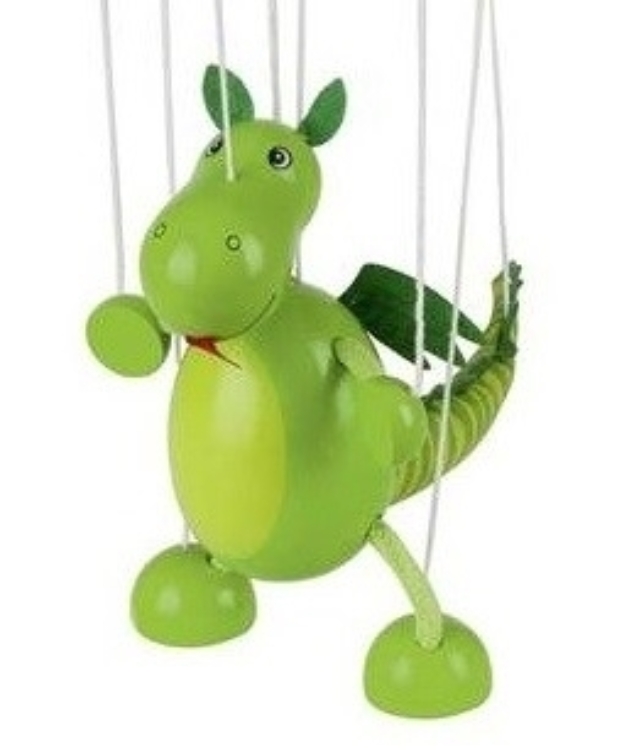 Afbeeldingen van Goki Marionette Dinosaurus Hout Totaal 38 cm diertje 16 cm