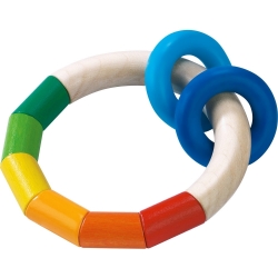 HABA Bijtring Grijpring Kringelringel houten rammelaar met regenboog kleuren en blauwe ringen Bijtring