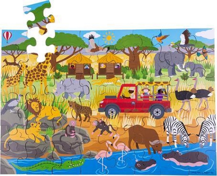 Afbeeldingen van Vloerpuzzel hout Safari-avontuur 48 stukjes 3jr+ Bigjigs
