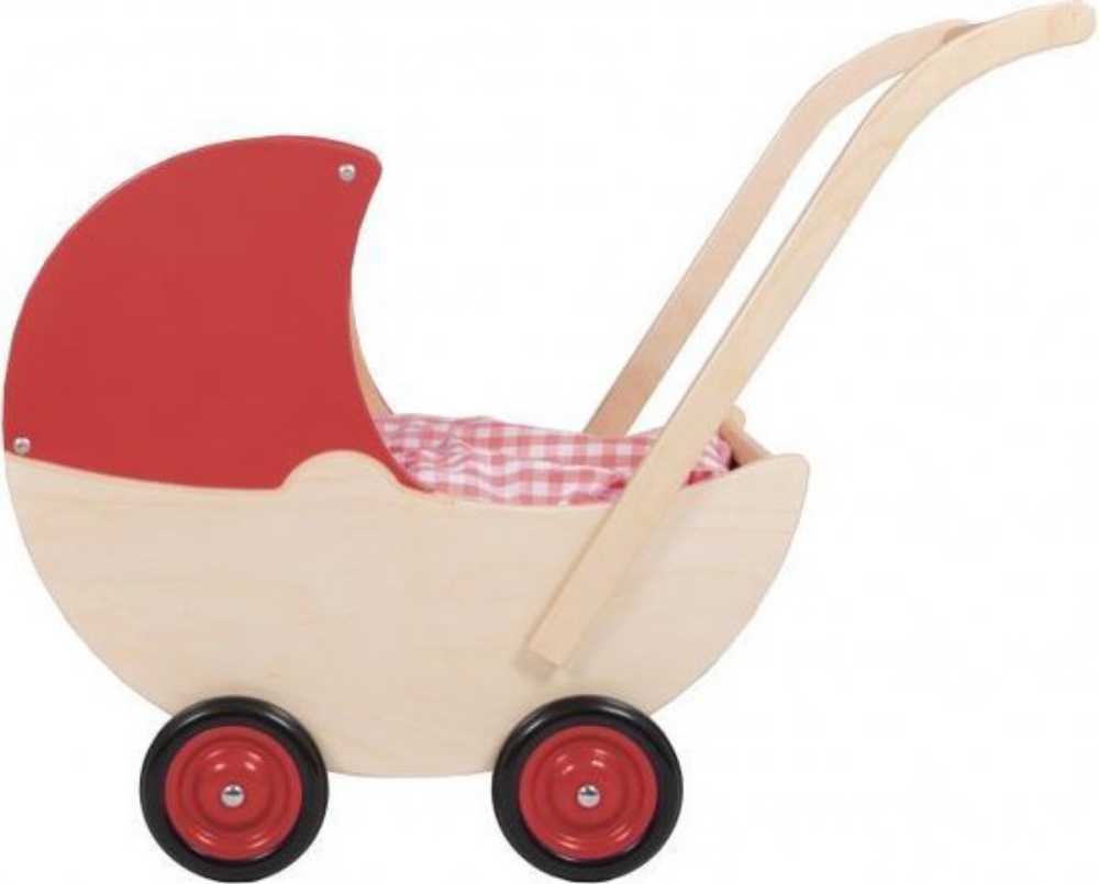 Bild von Poppenwagen naturel met vaste rode kap hout van Dijk Toys