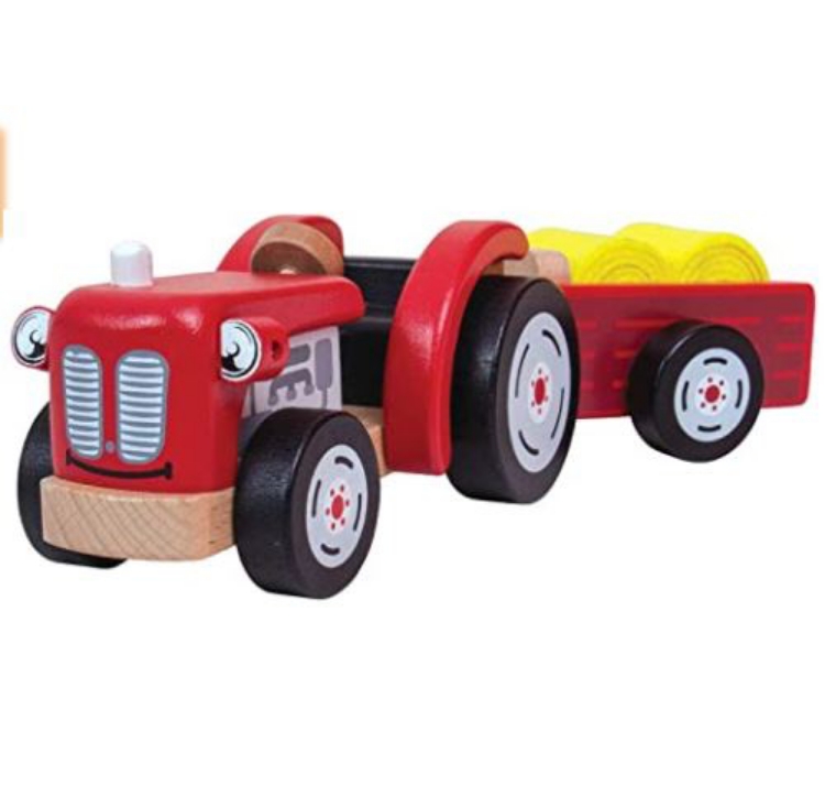 Afbeeldingen van Tractor rood met aanhangwagen met hooibalen Tidlo