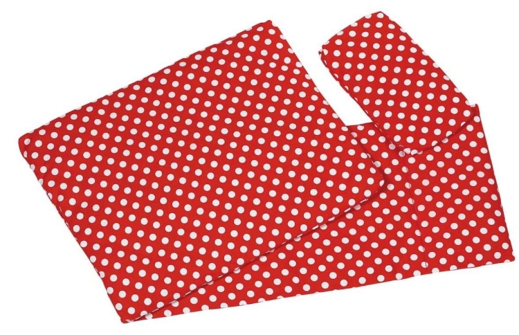 Afbeeldingen van Poppenbedsetje deken, matras en kussentje - rood witte stip Goki