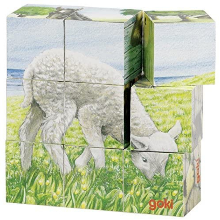 Bild von Kubus- blokkenpuzzel hout 9 blokjes jonge boerderijdieren Goki