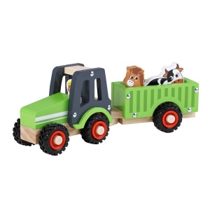 Bild von Houten tractor met aanhanger, met boer, koe en paard rubber wielen