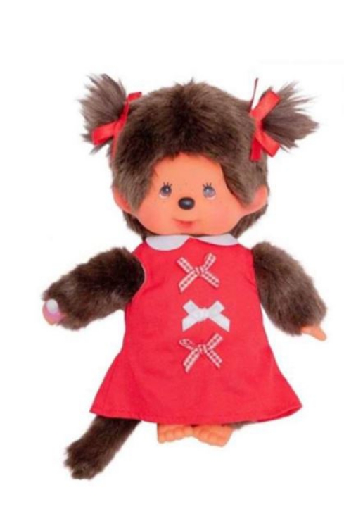 Afbeeldingen van Monchhichi meisje rode strikjes jurk 20 cm
