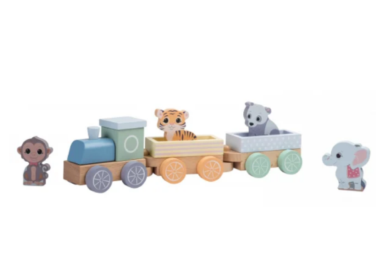 Afbeeldingen van Houten trein met dieren The Wildies Familiy pastel Joueco