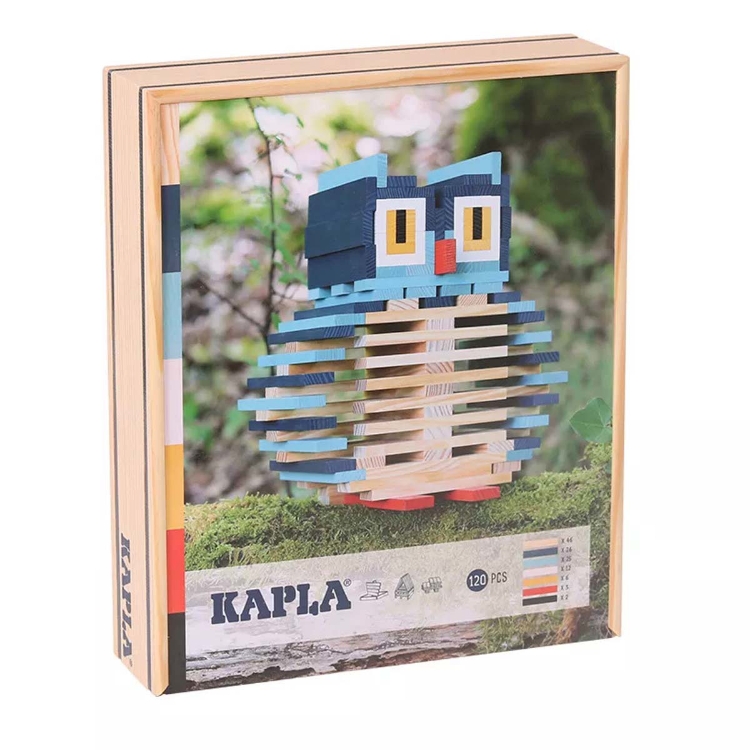 Image de Kapla, Uil 120  plankjes in kist naturel, blauw, geel, rood, zwart