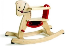 Image de Hobbelpaard Pintoy naturel met rood zadel en veiligheidsbeugel