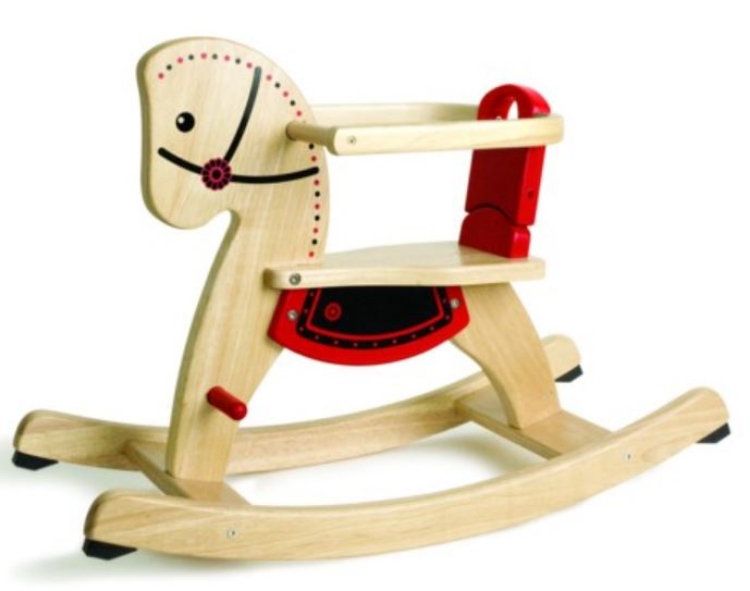 Afbeeldingen van Hobbelpaard naturel Rubberhout met rood en zwart. Pintoys