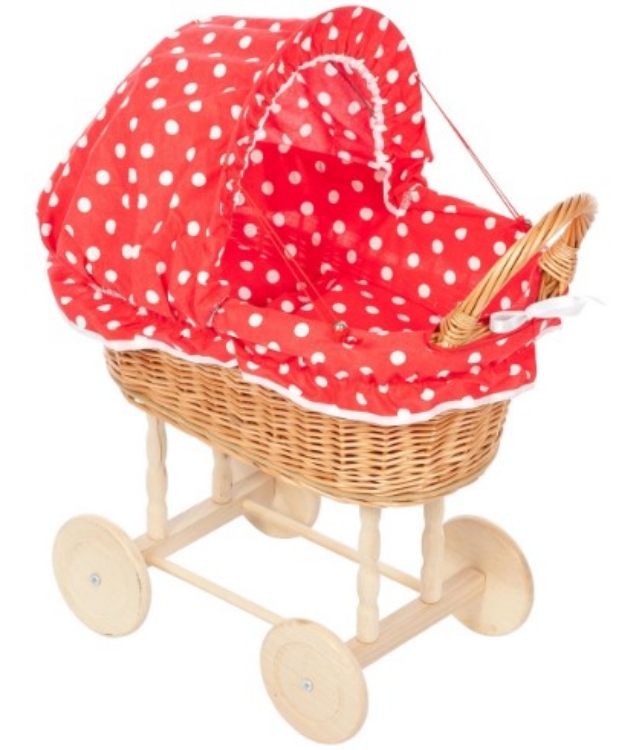 Picture of Rotan-riet poppenwagen houten wielen bekleed rood met wit blokken