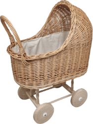 Afbeeldingen van Poppenwagen riet met vaste kap creme kleur bekleding