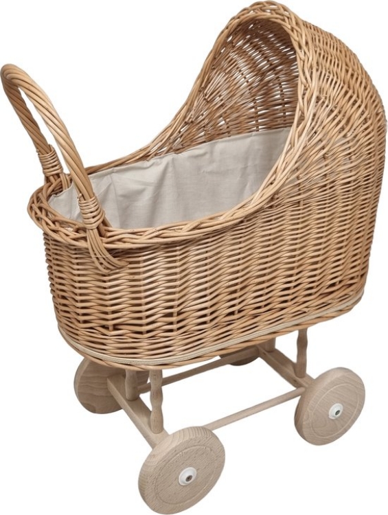 Afbeeldingen van Poppenwagen riet met vaste kap creme kleur bekleding