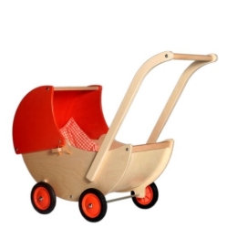 Van Dijk Toys Houten Poppenwagen – Naturel/Oranje – Beweegbare Kap – Vanaf 1,5 jaar