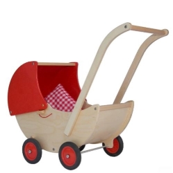 Van Dijk Toys Houten Poppenwagen – Naturel/Rood – Beweegbare Kap – Vanaf 1,5 jaar