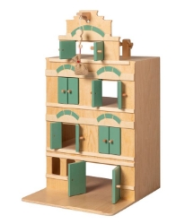 Afbeeldingen van Professioneel houten Speel-Pakhuis-Grachtenpand Vintage Groen/Naturel Berken met Takelmechanisme, Van Dijk Toys