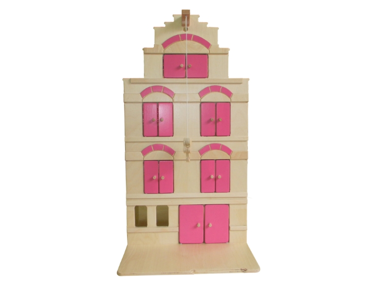 Afbeeldingen van Professioneel Houten Speelpakhuis-Grachtenpand Roze/Naturel Hout – Speelhuis met Takel, Van Dijk Toys