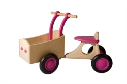 Afbeeldingen van Roze houten bakfiets vierwieler -kinderloopfiets  -Van Dijk Toys