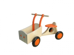 Afbeeldingen van Oranje houten bakfiets vierwieler-kinderloopfiets -van Dijk Toys