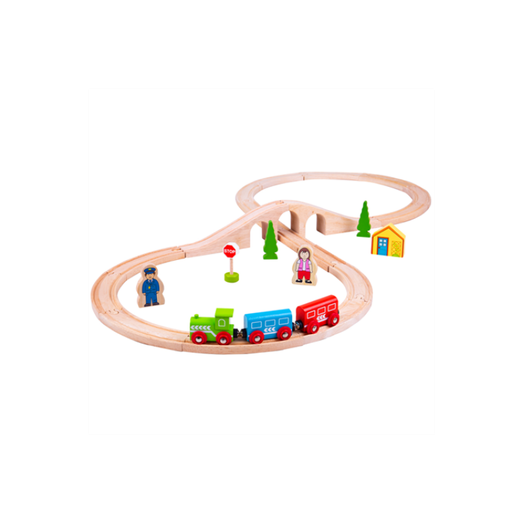 Afbeeldingen van Bigjigs houten treinset 40-delig en achtvormige treinbaan