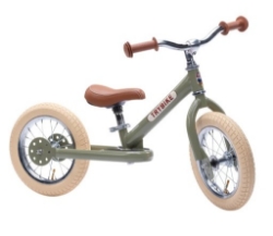 Trybike Steel 2-in-1 loopfiets Vintage Groen met stalen frame, luchtbanden en verstelbaar zadel – geschikt voor kinderen van 15 maanden tot 6 jaar.