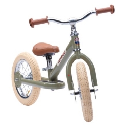 Trybike Steel 2-in-1 loopfiets Vintage Groen met stalen frame, luchtbanden en verstelbaar zadel – geschikt voor kinderen van 15 maanden tot 6 jaar.