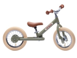 Trybike Steel 2-in-1 loopfiets Vintage Groen met stalen frame, luchtbanden en verstelbaar zadel – geschikt voor kinderen van 15 maanden tot 6 jaar.