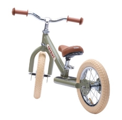 Trybike Steel 2-in-1 loopfiets Vintage Groen met stalen frame, luchtbanden en verstelbaar zadel – geschikt voor kinderen van 15 maanden tot 6 jaar.