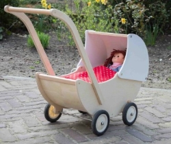 Van Dijk Toys Houten Poppenwagen – Naturel/Wit – Beweegbare Kap – Vanaf 1,5 jaar