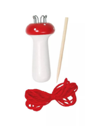 Picture of punnik klosje paddenstoel met rood garen en beschrijving 
