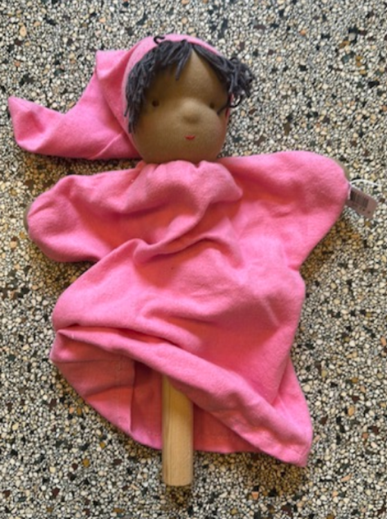 Picture of SALE!!!  Pop Antroposofische Stokpop Afrikaans met roze jurk en puntmuts 34 cm
