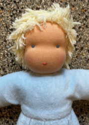 Picture of SALE!!!  Pop Antroposofisch Rozemarijntje lichtblauw Nicky velours met kort blond haar 32 cm