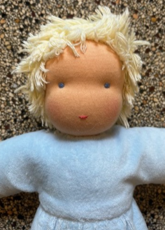 Picture of SALE!!!  Pop Antroposofisch Rozemarijntje lichtblauw Nicky velours met kort blond haar 32 cm