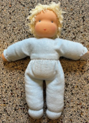 Picture of SALE!!!  Pop Antroposofisch Rozemarijntje lichtblauw Nicky velours met kort blond haar 32 cm