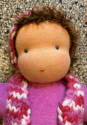 Picture of SALE!!!  Pop Antroposofisch Lieselotje roze Nicky velours kort bruin haar haarband en vestje gebreid  28 cm