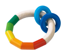 HABA Bijtring Grijpring Kringelringel houten rammelaar met regenboog kleuren en blauwe ringen 1001121001 duurzaam houten speelgoed