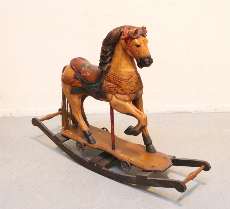 Picture of Antiek Houten Hobbelpaard met Gietijzeren Wielen – 83 cm hoog – Ca. 1910