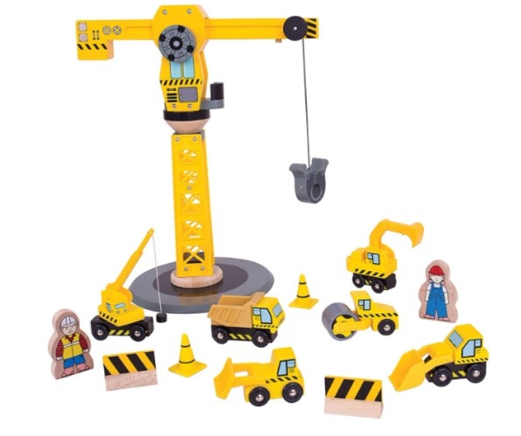Afbeeldingen van Bigjigs Rail Hijskraan & Bouwvoertuigen – Houten Treinbaan – 3 jaar+