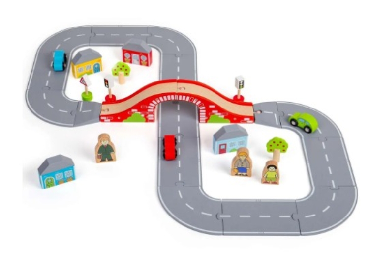 Afbeeldingen van Bigjigs Houten Autoweg Startset – 36-delig, Auto’s & Viaduct – Vanaf 3 Jaar