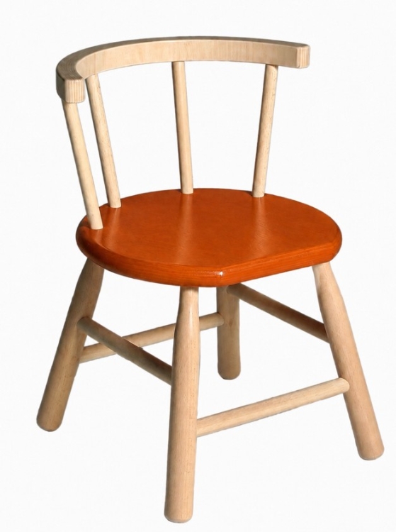 Van Dijk Toys Kinderstoel – Naturel met Oranje zitvlak, gebogen leuning – Beuken- en Berkenhout
