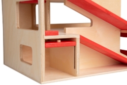 Van Dijk Toys Houten Garage – 2 verdiepingen met lift, rood/naturel – 2+ Jaar
